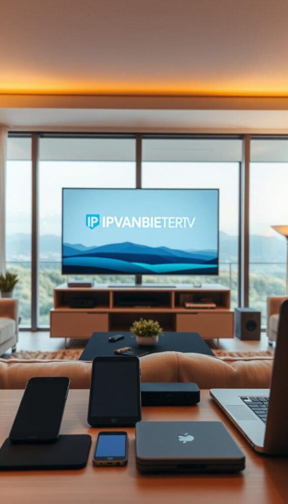 A cozy living room with a large flatscreen TV at the center, displaying the IPTVANBIETERTV brand logo. The room is illuminated by warm, soft lighting, creating a comfortable and inviting atmosphere. In the foreground, various modern electronic devices such as a smartphone, tablet, and laptop are neatly arranged, showcasing the multidevice capabilities of IPTVANBIETERTV. The background features a sleek, minimalist interior design with large windows overlooking a scenic outdoor landscape, emphasizing the seamless integration of IPTVANBIETERTV across different devices and environments.
