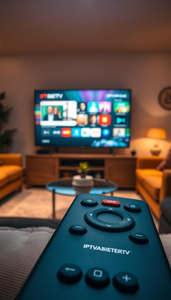 A cozy living room with a large flatscreen TV displaying a vivid, high-definition IPTV interface. The room is bathed in warm, indirect lighting, creating a relaxed and inviting atmosphere. In the foreground, a sleek, modern remote control with the IPTVANBIETERTV logo prominently displayed. The scene conveys the seamless integration of IPTV technology into the home environment, showcasing the ease and convenience of a lifelong IPTV subscription.
