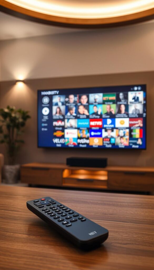 A cozy living room with a large flatscreen TV mounted on the wall, illuminated by warm, ambient lighting. In the foreground, a sleek, modern IPTVANBIETERTV remote control sits on a minimalist wooden coffee table. Beyond, the TV screen displays a vibrant, crystal-clear image of a diverse range of German entertainment channels, showcasing the expansive IPTV Tarife Deutschland options. The room exudes a sense of comfort and relaxation, inviting the viewer to immerse themselves in the ultimate IPTV viewing experience.