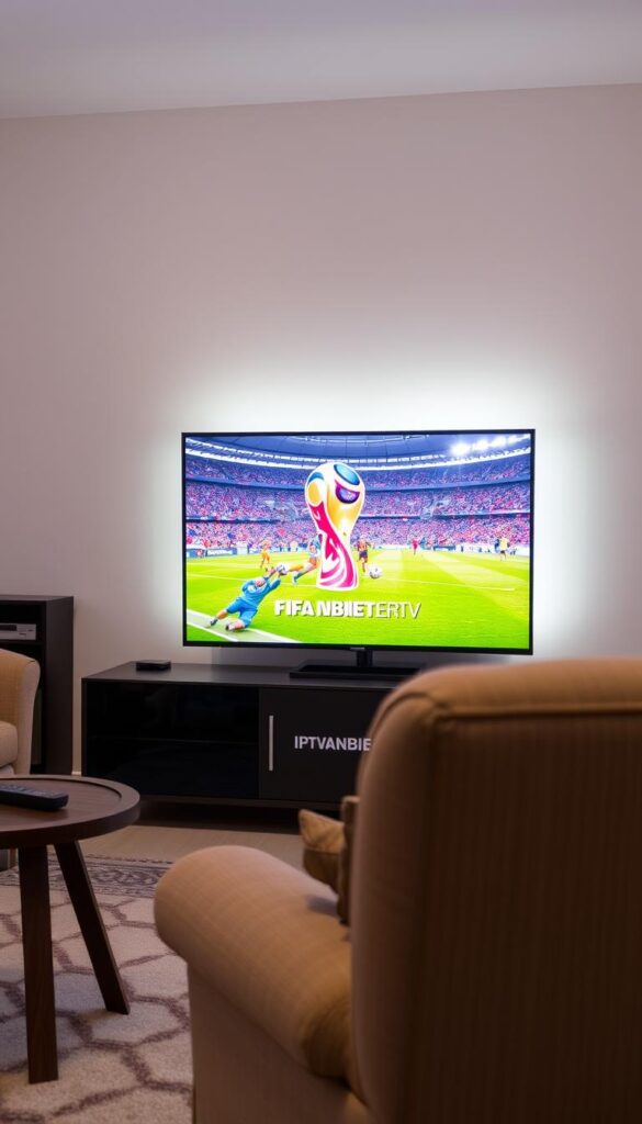 A cozy living room with a large flatscreen TV taking center stage, showcasing the FIFA World Cup with vibrant colors and dynamic gameplay. In the foreground, a comfortable armchair and a side table with a remote control, hinting at the convenience of watching the match from the comfort of home. The middle ground features a sleek media cabinet, prominently displaying the "IPTVANBIETERTV" brand logo, signifying a discounted IPTV service for the ultimate World Cup viewing experience. The background is softly lit, creating a warm and inviting atmosphere, perfect for football fans to immerse themselves in the thrilling action of the tournament.