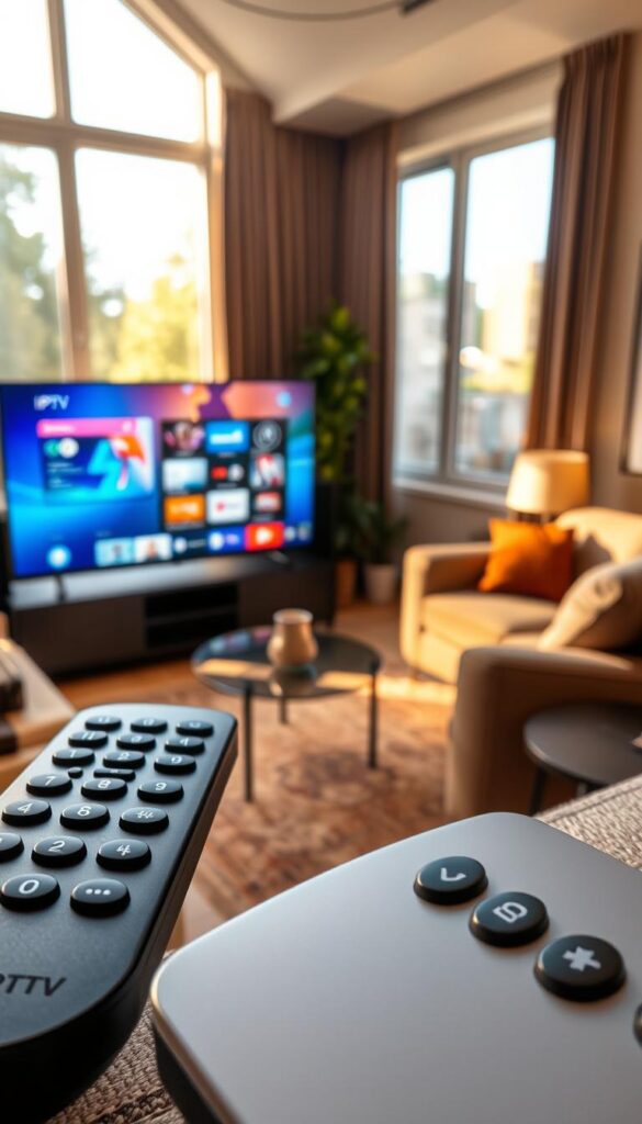 A cozy living room with a large smart TV displaying a vibrant IPTV interface. The TV is surrounded by comfortable furniture, and the room is bathed in warm, natural lighting from large windows. In the foreground, a remote control with the IPTVANBIETERTV logo is prominently placed, emphasizing the flexibility of the IPTV service. The overall scene conveys a sense of relaxation and entertainment, highlighting the seamless integration of IPTV technology into a modern, multi-device home environment.