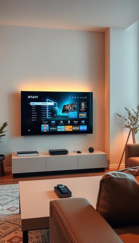 A cozy living room with a large smart TV mounted on the wall, displaying a seamless IPTV interface. Soft, warm lighting illuminates the scene, creating a comfortable atmosphere. The TV is connected to a sleek, minimalist IPTVANBIETERTV device, blending harmoniously with the decor. On the coffee table, a remote control rests, ready for easy navigation through the extensive IPTV channels and on-demand content. The room is decorated with modern, neutral-toned furnishings, inviting the viewer to sit back, relax, and enjoy the immersive IPTV experience. A cozy living room with a large smart TV mounted on the wall, displaying a seamless IPTV interface. Soft, warm lighting illuminates the scene, creating a comfortable atmosphere. The TV is connected to a sleek, minimalist IPTVANBIETERTV device, blending harmoniously with the decor. On the coffee table, a remote control rests, ready for easy navigation through the extensive IPTV channels and on-demand content. The room is decorated with modern, neutral-toned furnishings, inviting the viewer to sit back, relax, and enjoy the immersive IPTV experience.