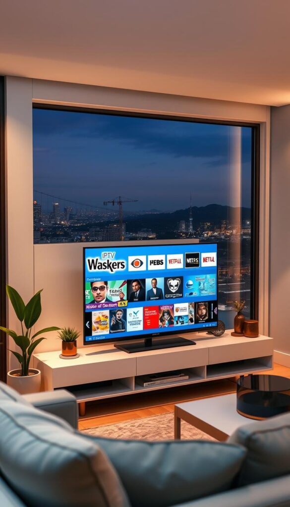 A cozy living room with a modern smart TV displaying the IPTV interface from IPTVANBIETERTV. The screen shows a diverse selection of channels, movies, and on-demand content. Soft lighting illuminates the room, creating a relaxed atmosphere. The TV is situated on a minimalist media console, with a potted plant and decorative items nearby. In the background, a large window overlooks a scenic cityscape, adding depth and a sense of tranquility to the scene. The entire setup conveys the ease and enjoyment of IPTV streaming on a smart TV.