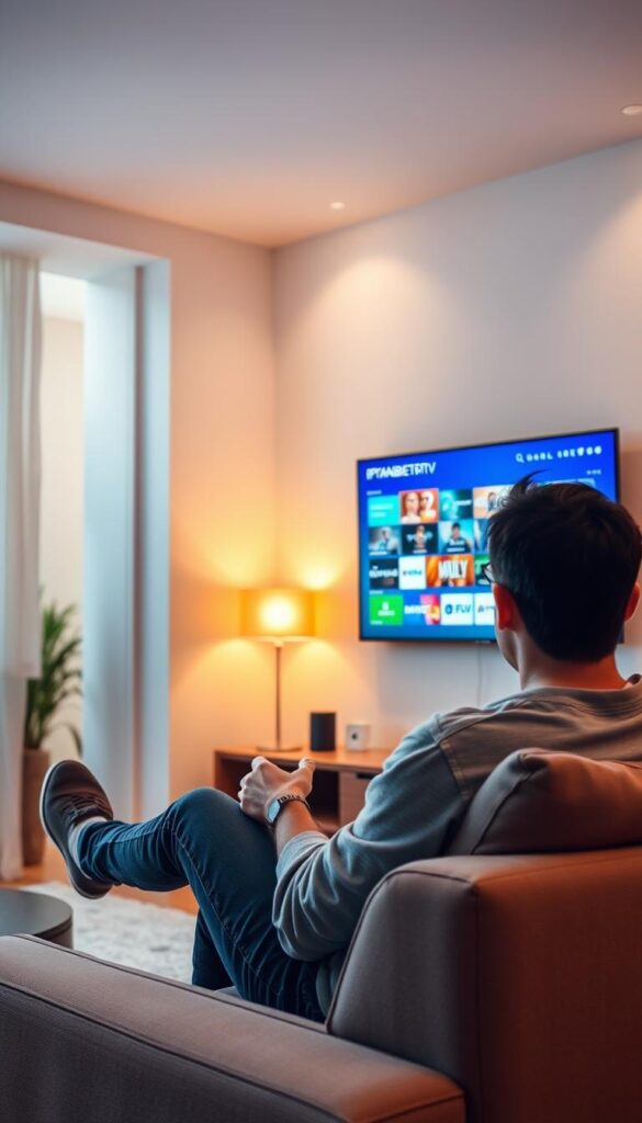 A cozy living room with a modern smart TV mounted on the wall. A person sits on a comfortable sofa, intently focused on the screen as they navigate the IPTVANBIETERTV interface. Warm lighting illuminates the scene, creating a relaxed and inviting atmosphere. The TV displays vivid, high-quality IPTV content, showcasing the seamless integration of the IPTV service. The room features clean, minimalist decor, allowing the TV to take center stage. The angle captures the user's experience, highlighting the ease and convenience of setting up and using the IPTV service on a smart TV.