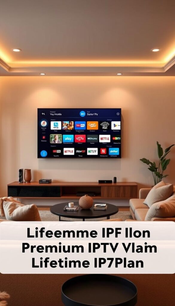 A cozy living room with plush seating, warm lighting, and a large flat-screen TV mounted on the wall. The room is decorated with modern, minimalist furnishings in earthy tones, creating a relaxing atmosphere. On the screen, an array of channels and streaming services are displayed, showcasing the vast content available through a premium IPTVANBIETERTV subscription. The image conveys the convenience and value of a lifetime IPTV plan, allowing users to access premium entertainment from the comfort of their own home.