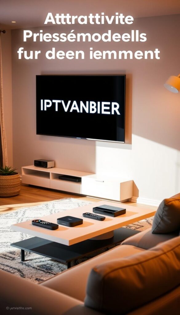 A cozy, modern living room with a large, comfortable couch and a sleek, minimalist TV stand. On the TV stand, a prominent display showcases the IPTVANBIETERTV brand logo, surrounded by various streaming devices and remote controls. The room is bathed in warm, indirect lighting, creating a welcoming and relaxed atmosphere. The overall scene conveys an attractive, affordable IPTV solution that caters to a wide range of needs, perfectly aligning with the section title "Attraktive Preismodelle für jeden Bedarf".