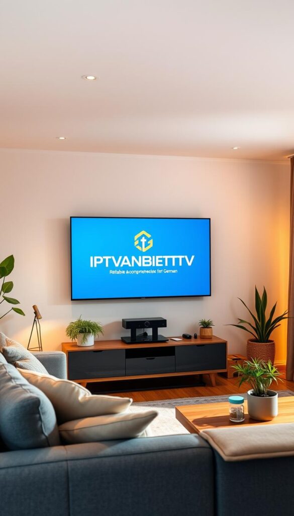 A cozy, modern living room with a large smart TV screen displaying the IPTVANBIETERTV logo. The room has a minimalist Scandinavian design, with a grey couch, wooden furniture, and plants adding a touch of nature. Warm, indirect lighting creates a relaxing atmosphere. The TV screen is the focal point, showcasing IPTVANBIETERTV's reliable and comprehensive IPTV services for German audiences, with a clean, intuitive interface. The room exudes a sense of comfort and technology seamlessly integrated into a stylish, inviting space.