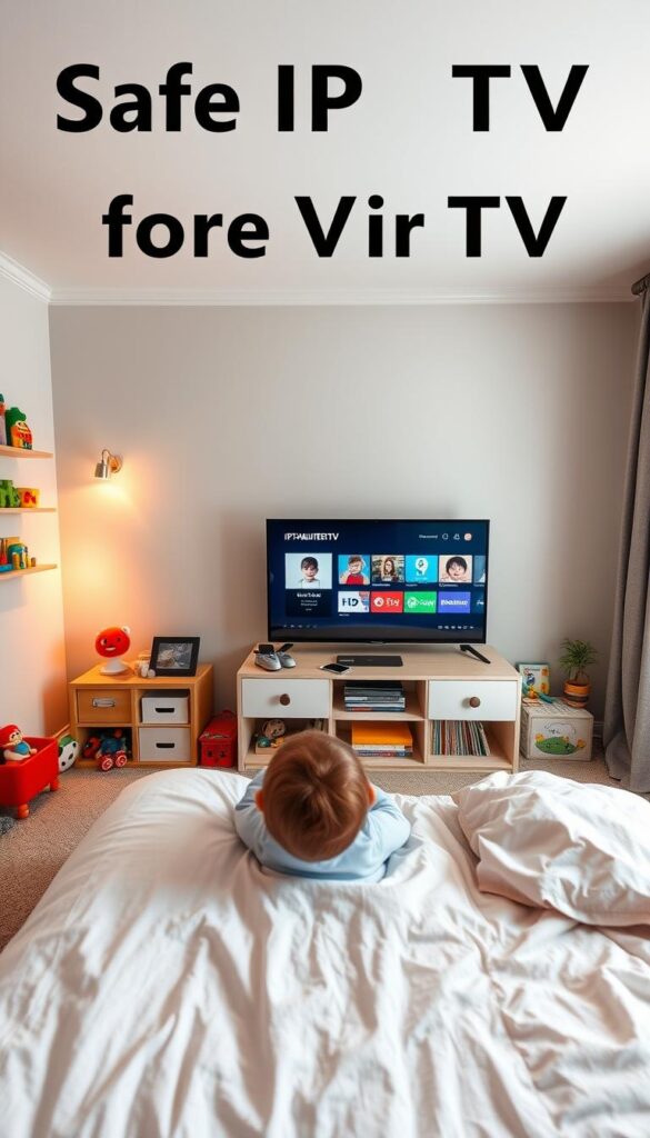 A cozy, well-designed child's room with IPTVANBIETERTV on the screen, showcasing the parental controls and kid-friendly content. Soft, warm lighting illuminates the space, with a comfortable bed, colorful toys, and educational books neatly arranged. The scene conveys a sense of security and learning, reflecting the article's focus on safe IPTV viewing for children. The camera angle captures the setup from a slight overhead perspective, emphasizing the thoughtful, child-centric layout of the room.