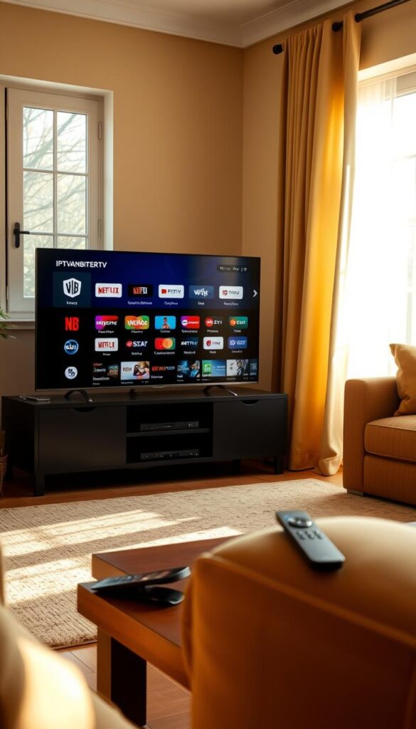 A cozy, well-lit living room with a modern TV stand displaying the IPTVANBIETERTV logo prominently. On the screen, a clear, high-definition interface showcases the service's extensive channel selection and user-friendly menu. The room is bathed in warm, natural lighting from large windows, creating a inviting atmosphere. A sleek, minimalist remote control rests on a side table, hinting at the seamless, intuitive controls. The overall scene conveys a sense of effortless setup and enjoyment of the IPTVANBIETERTV service in a comfortable, stylish home environment. A cozy, well-lit living room with a modern TV stand displaying the IPTVANBIETERTV logo prominently. On the screen, a clear, high-definition interface showcases the service's extensive channel selection and user-friendly menu. The room is bathed in warm, natural lighting from large windows, creating a inviting atmosphere. A sleek, minimalist remote control rests on a side table, hinting at the seamless, intuitive controls. The overall scene conveys a sense of effortless setup and enjoyment of the IPTVANBIETERTV service in a comfortable, stylish home environment.