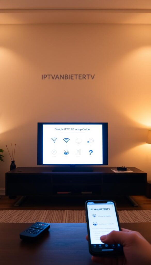 A cozy, well-lit living room with a modern TV stand displaying the IPTVANBIETERTV logo. On the screen, a simple IPTV setup guide with intuitive step-by-step instructions. In the foreground, a remote control and a smartphone, symbolizing the seamless integration of IPTV technology. Warm, diffused lighting creates a welcoming atmosphere, while minimalist decor and clean lines convey a sense of simplicity and ease of use. The overall scene suggests a straightforward and user-friendly IPTV installation process.