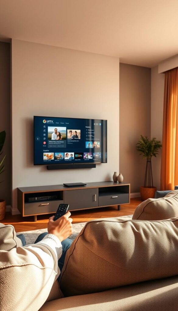 A cozy, well-lit living room with modern, minimalist decor. At the center, a large flatscreen TV mounted on the wall, displaying the IPTVANBIETERTV interface with a clean, intuitive layout. In the foreground, a comfortable couch where a person is relaxing, interacting with the TV using a sleek, ergonomic remote control. The room is bathed in warm, natural lighting, creating a inviting atmosphere. The overall scene conveys a sense of ease and simplicity, highlighting the user-friendly nature of the IPTVANBIETERTV platform.