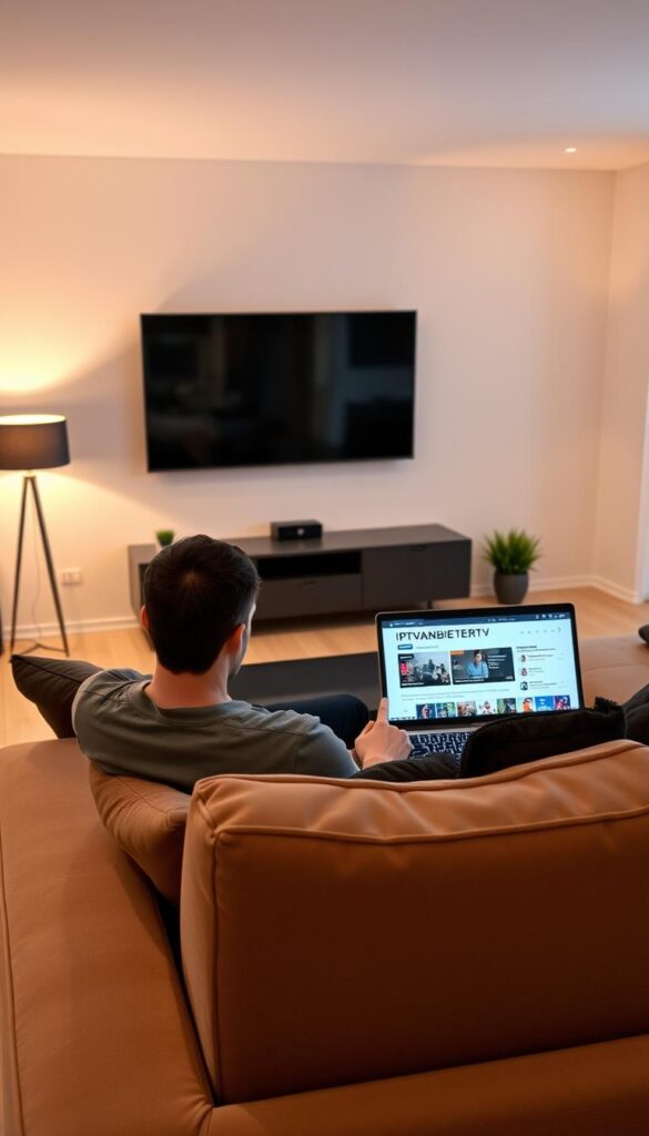 A cozy yet modern living room with a large, plush sofa and a flat-screen TV on the wall. The room is well-lit, with soft, warm lighting from a standing lamp in the corner. In the foreground, a person is sitting on the sofa, intently focused on a laptop or tablet, exploring the "IPTVANBIETERTV" website and reading reviews from the Reddit community about their IPTV experiences in Germany. The atmosphere is relaxed and inviting, reflecting the trusted and reliable nature of the IPTV provider.