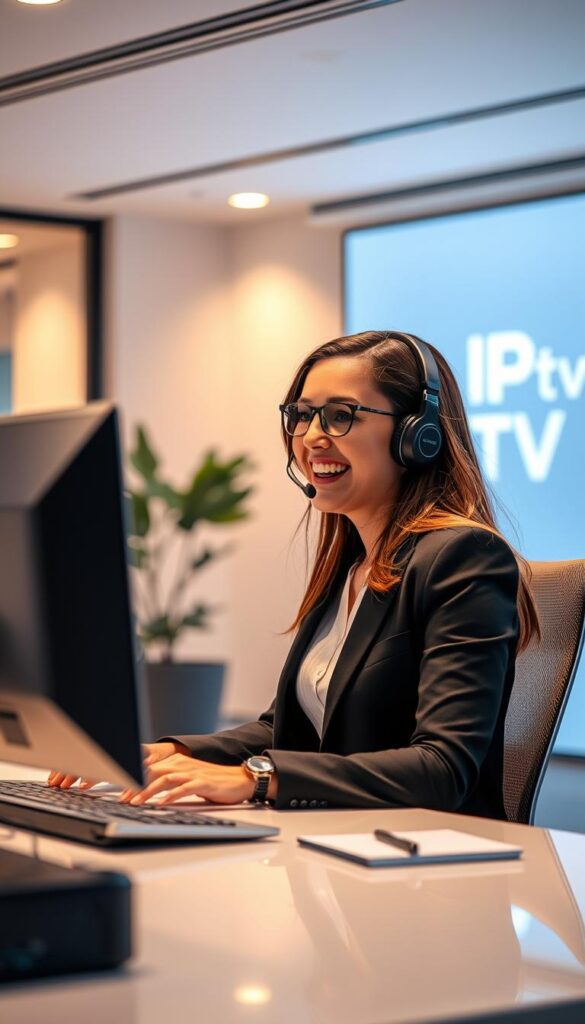 A customer service representative in a sleek, modern office setting, speaking animatedly on a headset while assisting a customer on the other end of the line. The scene is bathed in warm, soft lighting, creating a welcoming and professional atmosphere. In the background, the IPTVANBIETERTV logo is prominently displayed, conveying the brand's commitment to providing exceptional customer support. The overall composition evokes a sense of efficiency, responsiveness, and a dedication to delivering a superior IPTV experience.