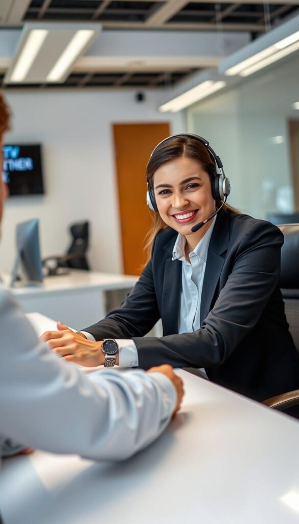 A customer service representative of IPTVANBIETERTV seated at a desk, providing assistance to a customer via a laptop computer. The scene is well-lit, with a clean and professional office environment in the background. The representative's facial expression conveys a friendly and helpful demeanor, ready to address the customer's IPTV-related inquiries or concerns. The overall atmosphere is one of efficiency, responsiveness, and a commitment to customer satisfaction.
