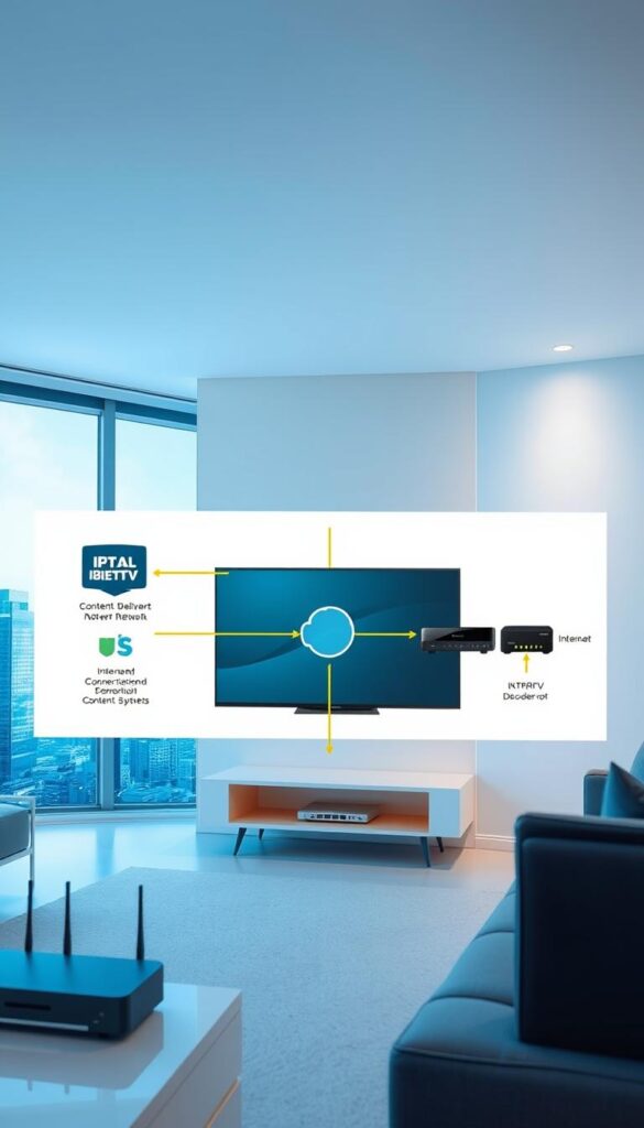 A cutaway diagram of an IPTV system, showcasing its key components and functionality. The scene depicts a modern living room with a smart TV, set-top box, and network router in the foreground. In the middle ground, the diagram visually explains the data flow, from the IPTVANBIETERTV content delivery network, through the internet connection, to the IPTV decoder device. The background features a cityscape representing the broader internet infrastructure. The lighting is clean and bright, with a slight blue tone to convey a sense of technological innovation. The camera angle provides a clear, detailed view of the system's inner workings, allowing the viewer to understand the IPTV functionality.