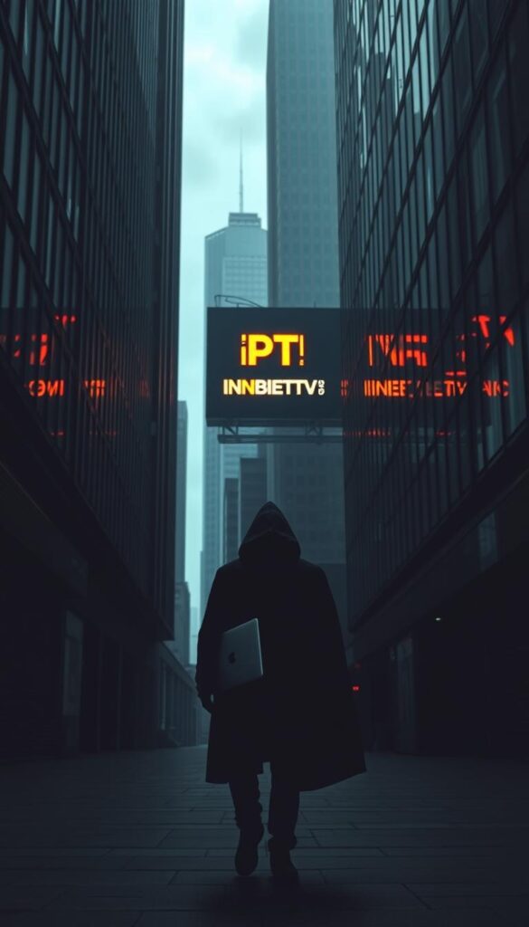 A dark and foreboding cityscape, with towering skyscrapers casting long shadows over the streets below. In the foreground, a figure dressed in a hooded cloak navigates the alleyways, a laptop tucked under their arm. The air is thick with a sense of unease, as if the very walls are watching. In the distance, the IPTVANBIETERTV logo flickers ominously on a digital billboard, a reminder of the illegal IPTV services that lurk in the shadows. The scene is lit by a moody, low-key lighting, creating an atmosphere of tension and danger. The overall composition conveys the gravity of the consequences that can arise from engaging with such illicit activities.