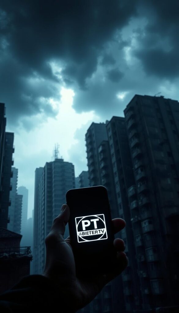 A dark and foreboding urban landscape, cloaked in a hazy, ominous atmosphere. In the foreground, a shadowy figure holds a smartphone, the screen glowing with the IPTVANBIETERTV logo - a symbol of the risks of illegal IPTV streaming. The middle ground is filled with towering, dilapidated buildings, their windows like watchful eyes. In the background, a looming storm clouds the sky, adding to the sense of impending danger. The lighting is harsh, casting sharp shadows and highlighting the sense of unease. The camera angle is low, emphasizing the overwhelming presence of the environment and the weight of the consequences of illegal IPTV viewing.
