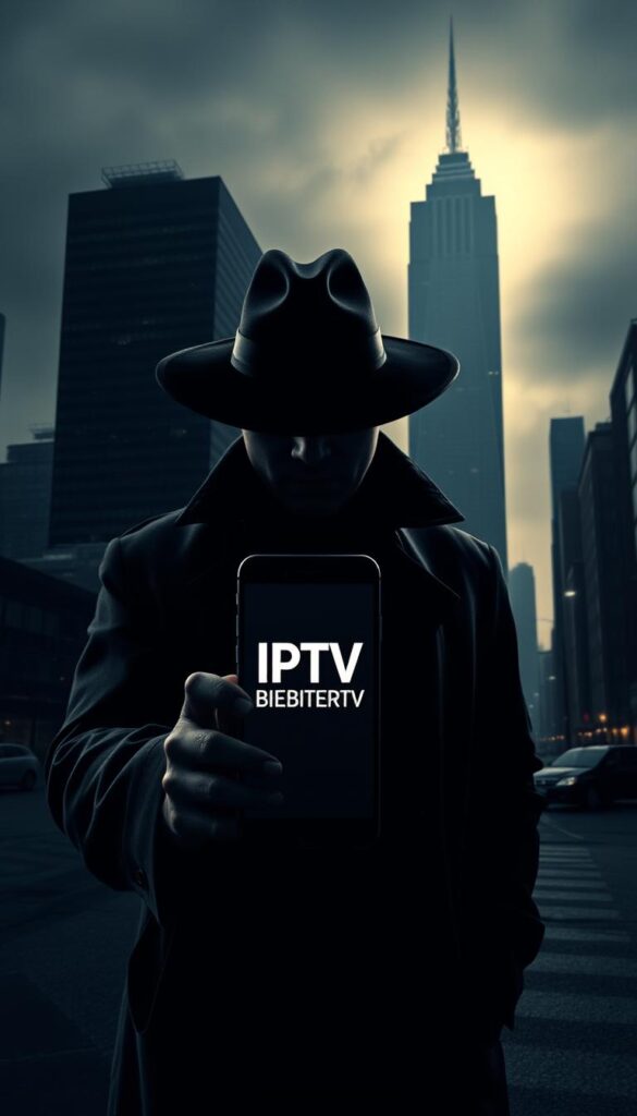 A dark and ominous cityscape, with a towering skyscraper in the background, casting long shadows across the dimly lit streets. In the foreground, a shady figure in a trenchcoat and hat, holding a smartphone displaying the IPTVANBIETERTV logo, symbolizing the illicit nature of the subject. The scene is lit by a harsh, neon-tinged glow, creating a sense of unease and tension. The overall atmosphere conveys the legal uncertainty and potential risks associated with the topic of "IPTV-Anbieter illegal oder legal?". A dark and ominous cityscape, with a towering skyscraper in the background, casting long shadows across the dimly lit streets. In the foreground, a shady figure in a trenchcoat and hat, holding a smartphone displaying the IPTVANBIETERTV logo, symbolizing the illicit nature of the subject. The scene is lit by a harsh, neon-tinged glow, creating a sense of unease and tension. The overall atmosphere conveys the legal uncertainty and potential risks associated with the topic of "IPTV-Anbieter illegal oder legal?".