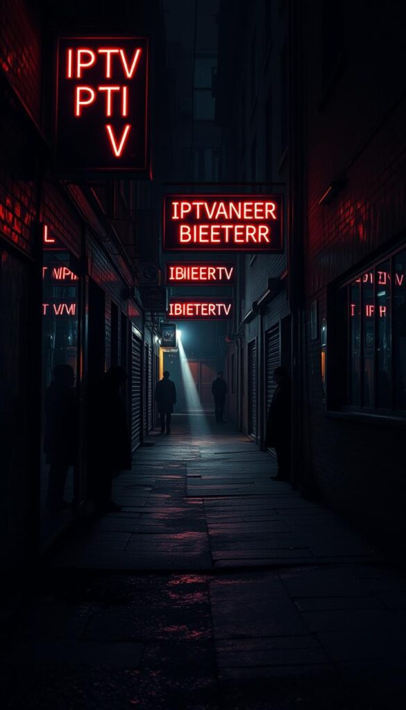 A dark, foreboding alleyway in a gritty urban setting. Neon signs advertising "IPTVANBIETERTV" flicker ominously, casting an eerie glow across the damp pavement. Shadowy figures lurk in the corners, hinting at the illicit activities that take place here. The atmosphere is tense and forbidding, reflecting the dangerous world of illegal IPTV providers in Germany. A single beam of light cuts through the gloom, illuminating the harsh realities of this underground industry.