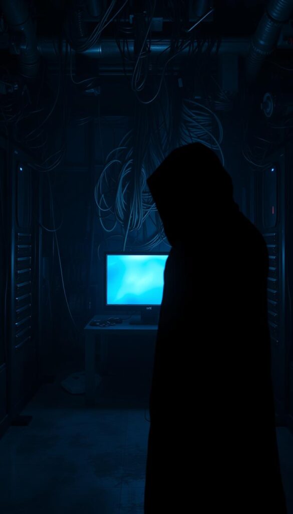 A dark, foreboding scene depicting the risks of illegal IPTV usage. In the foreground, a shadowy figure looms, representing the unseen dangers and potential consequences. The middle ground features a glowing computer screen, casting an eerie, blue-tinged light over the scene, hinting at the digital vulnerabilities. In the background, a maze of tangled wires and ominous-looking servers suggest the complex and opaque infrastructure of the IPTVANBIETERTV platform. The overall atmosphere is one of unease and uncertainty, reflecting the hazards that users face when engaging with illegal streaming services.