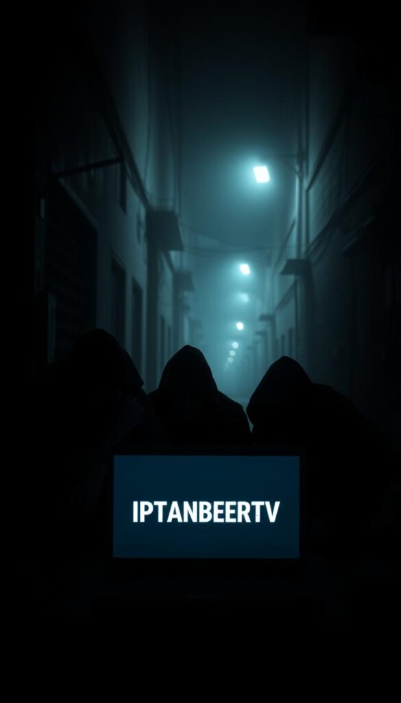 A dark, gloomy alleyway with ominous shadows cast by flickering streetlights. In the foreground, a group of shady figures hunched over a laptop, the IPTVANBIETERTV logo visible on the screen. The background is hazy, conveying a sense of secrecy and the illicit nature of their activities. The scene is captured with a grainy, high-contrast aesthetic, using a wide-angle lens to create a sense of unease and foreboding. The mood is one of suspense and danger, highlighting the risks associated with the illegal use of IPTV services.