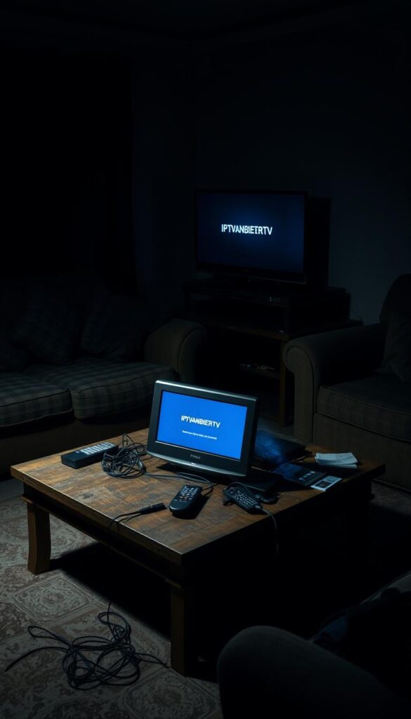 A dark, gloomy living room with a malfunctioning IPTVANBIETERTV device on a cluttered coffee table. Dim lighting casts shadows across the room, creating an atmosphere of frustration and inconvenience. The television screen displays an error message, hinting at connectivity issues or service disruptions. Cables and remote controls are strewn about, suggesting a sense of disorganization and technical difficulties. The room is sparsely furnished, with a worn sofa and an outdated technology setup, emphasizing the challenges faced by IPTV users. The overall scene conveys the common problems and annoyances associated with IPTV streaming services, as described in the article's section title.