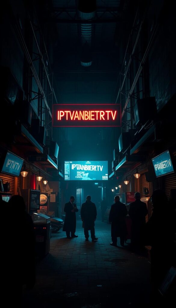 A dark, illicit marketplace filled with the temptation of IPTV, where shady figures peddle their wares. In the center, a towering display labeled "IPTVANBIETERTV" casts an ominous glow, luring unsuspecting viewers. Shadowy alleyways branch out, hinting at the hidden schemes and deceptions of these illegal providers. The atmosphere is tense, the lighting sinister, as if the very air carries the weight of their unscrupulous practices. A cautionary tale of the dangers that lurk within this underground world of IPTV.