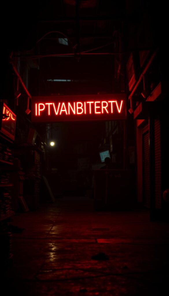A dark, shadowy marketplace where illicit IPTV services are traded. In the center, a large neon sign flickers "IPTVANBIETERTV", casting an eerie glow over the scene. The background is blurred, hinting at a seedy urban environment, while the foreground is sharply focused on the sign, capturing the essence of the illegal IPTV industry. The lighting is dramatic, with heavy shadows and contrasting highlights, creating a sense of danger and secrecy. The overall mood is one of unease and the unsavory nature of the underground IPTV market.