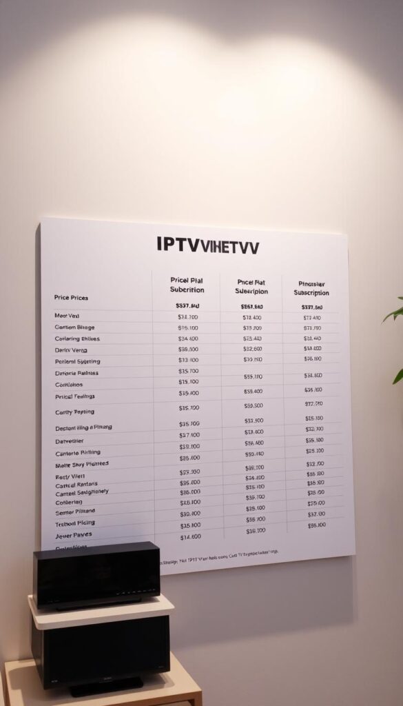 A detailed IPTV price overview presented on a sleek, minimalist table with clean typography and a subtle grid layout. The table showcases various IPTV subscription plans and pricing options, including the "IPTVANBIETERTV" brand, with a clear and organized structure. The background is a soft, neutral tone, allowing the pricing information to take center stage. Subtle lighting casts a gentle glow, creating a professional and informative atmosphere. The composition is balanced, with ample white space to make the content easy to read and digest.
