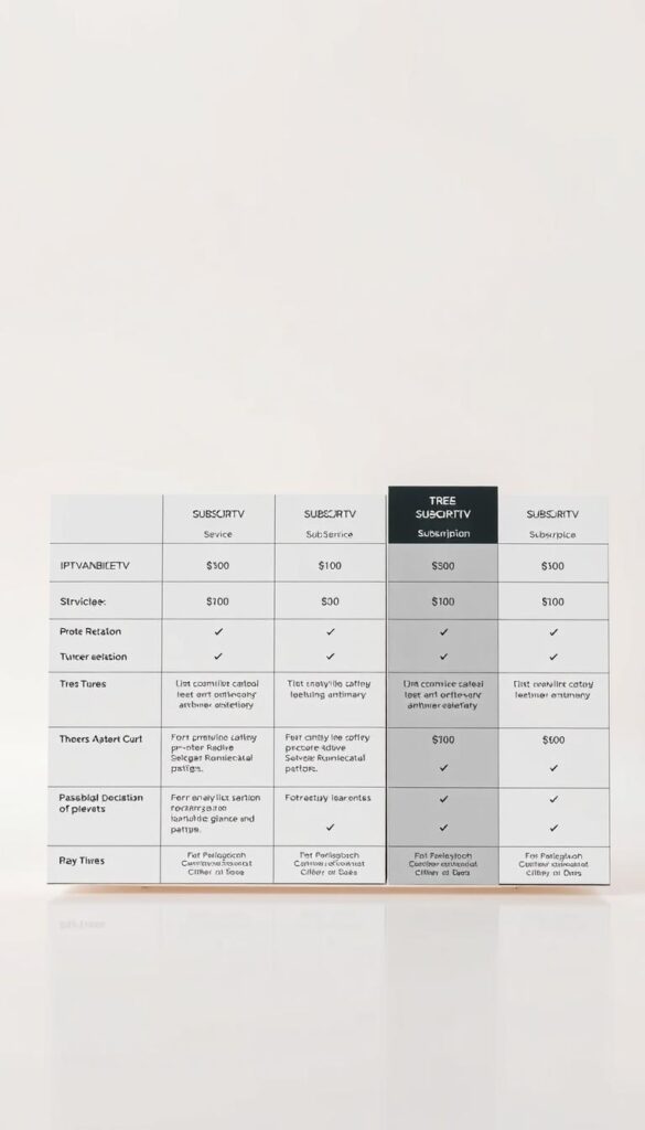 A detailed and meticulously designed table showcasing the IPTVANBIETERTV price structure, set against a clean, minimalist background. The table features a sleek, modern layout with clear delineation of the various subscription tiers, their corresponding prices, and the services included. The overall aesthetic is one of sophistication and professionalism, conveying the reliability and value proposition of the IPTVANBIETERTV platform. The lighting is soft and diffused, creating a warm and inviting atmosphere, while the camera angle provides a balanced, centered perspective that highlights the table's contents without distracting the viewer. The image should effectively communicate the nuances of the IPTVANBIETERTV pricing structure to the reader, supporting the article's informative tone.