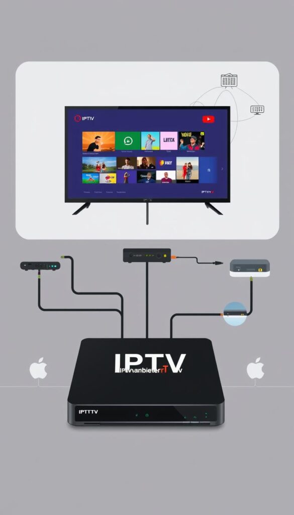 A detailed and technical illustration of the IPTV (Internet Protocol Television) system. In the foreground, depict a modern television set displaying various streaming content, with the IPTVANBIETERTV brand name prominently featured. In the middle ground, illustrate the core components of the IPTV system, including a router, modem, and set-top box, all connected via cables. In the background, include a network diagram showcasing the flow of data from the internet to the end-user's device. Use a clean, minimalist style with muted colors and sharp, technical-looking illustrations to convey the functionality and technology behind IPTV. Ensure the overall composition is balanced and visually appealing, reflecting the subject matter of "What is IPTV and how does it work?"