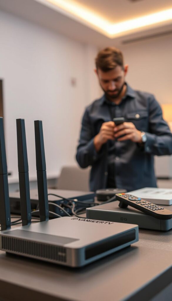 A detailed and technical setup of an IPTV installation, showcasing the sleek and modern hardware of the IPTVANBIETERTV system. In the foreground, a neatly arranged array of devices including a high-end router, a streaming media box, and a remote control, all in a minimalist, high-tech design. In the middle ground, the user is carefully connecting cables and setting up the system, with a focused, determined expression. The background features a clean, well-lit interior with subtle, warm lighting, conveying a sense of efficiency and professionalism. The overall mood is one of simplicity, control, and a seamless technological integration.
