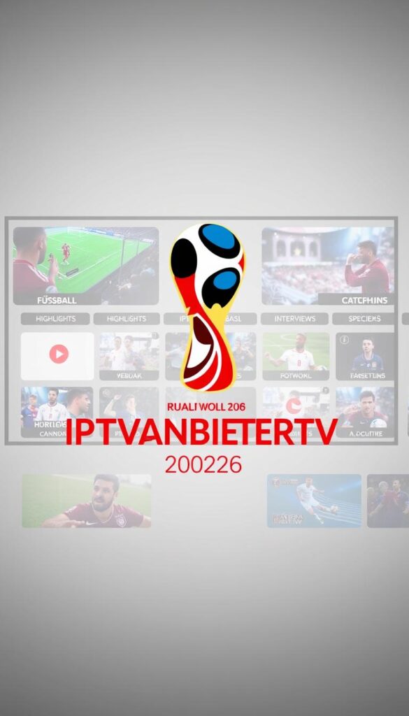 A detailed and vibrant image of an IPTV channel guide for the 2026 World Cup, showcasing a curated selection of international sports channels. The scene features a slick, modern interface with a sleek, high-contrast design. The layout is neatly organized, with crisp icons and clear labels for different channel categories such as "Fußball", "Highlights", and "Interviews". The background has a subtle gradient, creating depth and visual interest. Prominent in the center is the IPTVANBIETERTV logo, rendered in a bold, stylized font. The overall aesthetic conveys a sense of professionalism, authority, and excitement for the upcoming tournament.