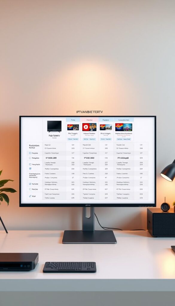 A detailed and visually appealing comparison of IPTV tariff options, showcasing the comprehensive offerings of IPTVANBIETERTV. The scene depicts a modern, minimalist workspace with a large monitor displaying a sleek and intuitive user interface. On the screen, meticulously organized pricing tables and package details are presented against a soft, neutral background, allowing the information to take center stage. Strategically placed product shots and icons provide visual context, while warm, directional lighting creates a professional and trustworthy atmosphere. The overall composition emphasizes clarity, accessibility, and the brand's commitment to providing a seamless IPTV experience.