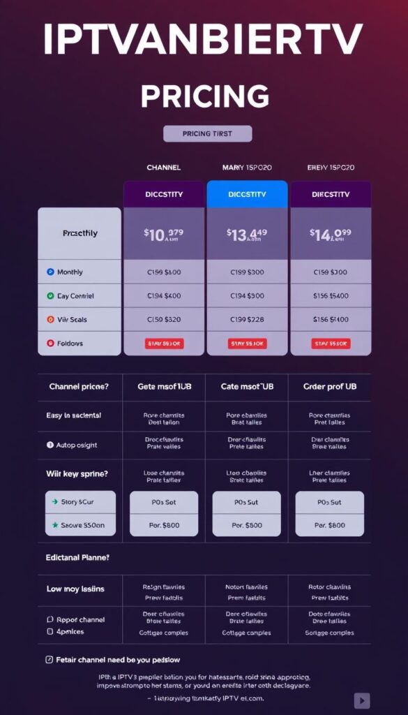 A detailed and visually compelling image of the pricing structures for the IPTVANBIETERTV service. The image should showcase a sleek, modern interface displaying a range of pricing tiers and package options, with clear and concise pricing information. The layout should be clean and organized, with a focus on showcasing the key details like monthly costs, channel selections, and any additional features or add-ons. The color palette should be professional and on-brand, with a balance of bold accents and subtle neutrals. The overall mood should convey a sense of reliability, transparency, and value for the IPTV service.