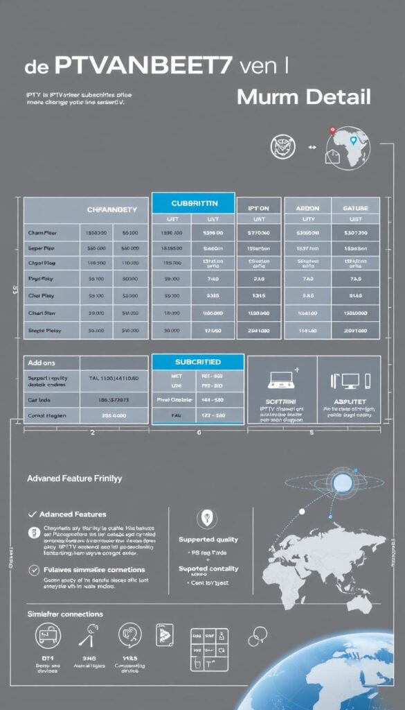 A detailed and visually striking blueprint-style diagram showcasing the comprehensive pricing structure of IPTVANBIETERTV, a leading IPTV service provider. The image features a sleek, technical aesthetic with clean lines, precise measurements, and a neutral color palette of grays, blues, and whites. The foreground displays a breakdown of the various IPTV subscription tiers, including channel packages, add-ons, and pricing details. The middle ground highlights the advanced features and capabilities of the IPTVANBIETERTV platform, such as supported devices, streaming quality, and simultaneous connections. The background subtly depicts the technological infrastructure and global reach of the IPTV service, with stylized network diagrams and satellite imagery. The overall impression conveys a sense of professionalism, transparency, and attention to detail, aligning with the section title "de Preisstruktur von IPTVanbieterTV im Detail".