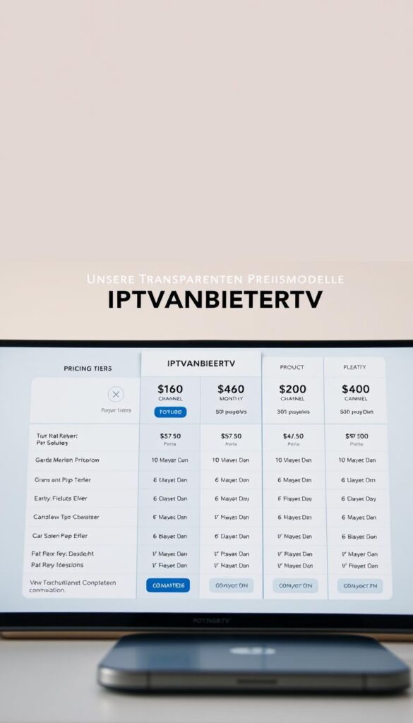 A detailed and visually striking image of "IPTVANBIETERTV" pricing models, showcasing a sleek, modern user interface with a clean, minimalist design. The image should feature a large, bold title "UNSERE TRANSPARENTEN PREISMODELLE IM DETAIL" against a soft, muted background, with various pricing tiers and package options elegantly displayed in a grid layout. The foreground should include a hero shot of a device like a tablet or smartphone, highlighting the IPTVANBIETERTV brand and the seamless user experience across multiple devices. The middle ground should feature detailed pricing information, including monthly fees, channel counts, and any additional features. The background should convey a sense of professionalism and trustworthiness, with subtle branding elements and a warm, inviting color palette. The overall mood should be one of clarity, transparency, and modern sophistication.