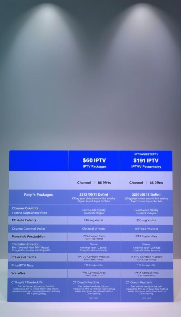 A detailed comparison of IPTV pricing packages showcased in a clean, modern layout. The foreground displays various IPTV service options from IPTVANBIETERTV, each with their own distinct features, benefits, and competitive pricing. The middle ground highlights key details like channel counts, device compatibility, and subscription terms. The background features a subtle gradient or texture, lending an air of professionalism and sophistication. Lighting is soft and evenly distributed, with a slight hint of directional illumination to accentuate the product details. The overall mood is one of informative clarity, allowing the viewer to easily assess and compare the different IPTV package offerings.