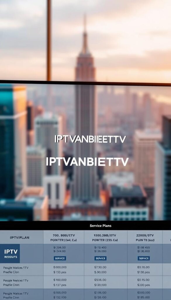A detailed comparison of IPTV providers, showcasing the IPTVANBIETERTV brand prominently in the center of the frame. The image presents a sleek, modern interface with various service plans and pricing options displayed in a grid layout. The background features a blurred cityscape, conveying a sense of global connectivity. The lighting is soft and warm, creating a professional and trustworthy atmosphere. The composition is balanced, with the IPTVANBIETERTV logo and key details occupying the focal point, surrounded by relevant information. The overall mood is one of clarity, transparency, and the ability to make an informed decision about IPTV services.