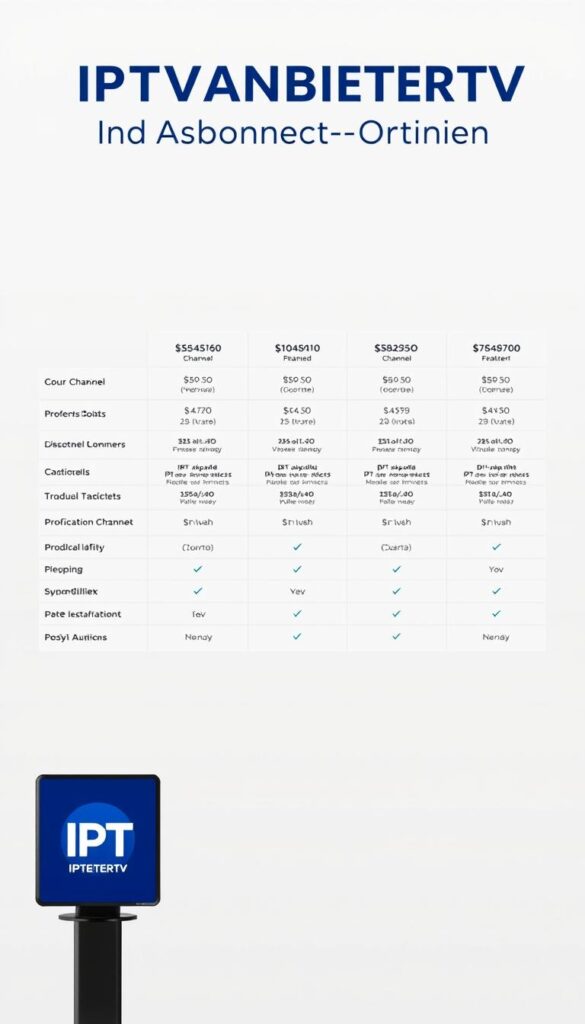 A detailed comparison of IPTV service providers, showcasing their pricing structures and subscription options. The image features a crisp, clean design with minimal clutter, allowing the key information to shine. In the foreground, the IPTVANBIETERTV brand logo stands prominently, conveying authority and expertise. The middle ground presents a grid-like layout of various IPTV plans, each with clear pricing, channel counts, and feature highlights, allowing easy side-by-side comparisons. The background is a soft, neutral gradient that provides visual balance and focuses the viewer's attention on the essential details. The overall mood is professional, informative, and visually appealing, perfectly suited to illustrate the "Preisgestaltung und Abonnement-Optionen" section of the article.