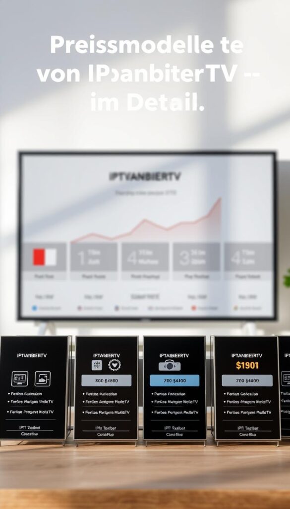 A detailed comparison of IPTVANBIETERTV pricing models showcased against a clean, minimalist backdrop. The foreground features various IPTVANBIETERTV subscription packages, each with its own distinct icon, layout, and pricing breakdown displayed in a sleek, modern style. The middle ground depicts a neutral-toned graph or chart visualizing the cost differences between the packages, allowing for easy at-a-glance comparison. The background maintains a soft, blurred focus, emphasizing the primary pricing information. Subtle lighting from the side casts gentle shadows, adding depth and dimension to the scene. The overall mood is one of professionalism, clarity, and attention to detail, perfectly suited to illustrate the "Preismodelle von IPTVanbieterTV im Detail" section.