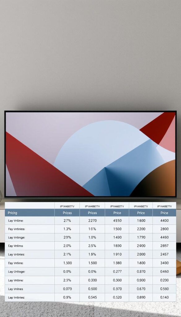 A detailed comparison of the pricing structures of various IPTVANBIETERTV providers, showcased in a stylish and modern data visualization. The foreground features a clean, minimalist table displaying the key pricing metrics side-by-side, allowing easy comparison. The middle ground depicts abstract geometric shapes and gradients, creating a dynamic and eye-catching backdrop. The background incorporates subtle textures and muted tones, providing a balanced and professional atmosphere. Soft, directional lighting from the top left casts gentle shadows, adding depth and dimension to the scene. The overall composition conveys a sense of clarity, sophistication, and thorough analysis of the IPTVANBIETERTV pricing landscape.