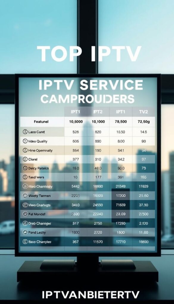 A detailed comparison of the top IPTV service providers, showcasing their features and offerings. A sleek, modern digital display showcases the IPTVANBIETERTV brand, with clean typography and minimalist icons highlighting key metrics like channel count, video quality, and pricing. The scene is bathed in a soft, natural light, creating a professional and trustworthy atmosphere. In the background, a blurred cityscape provides a subtle contextual setting, reinforcing the digital, technology-driven nature of the IPTV industry. The overall composition is balanced and visually appealing, designed to effectively illustrate the detailed IPTV provider comparison.