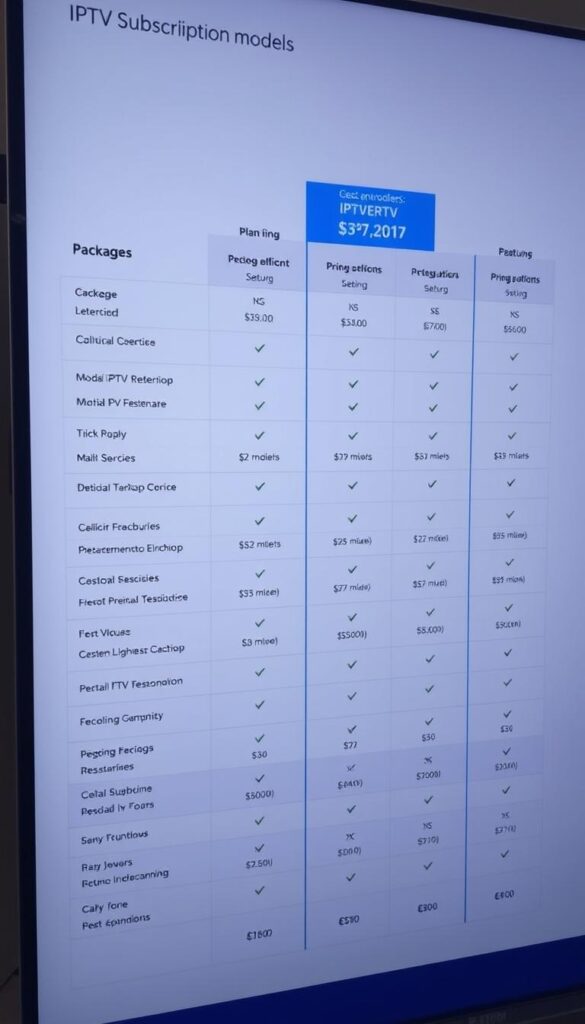 A detailed comparison of various IPTV subscription models, showcasing a range of pricing options and service tiers. The image should depict a clean, modern user interface with clearly labeled plan details, highlighting the key features and costs associated with each IPTV package offered by IPTVANBIETERTV. The layout should be balanced and visually appealing, using a neutral color palette and simple iconography to convey the information effectively. The scene should be well-lit, with a soft, diffused lighting that creates a sense of clarity and professionalism. The camera angle should be slightly elevated, providing a comprehensive overview of the IPTV subscription plans.