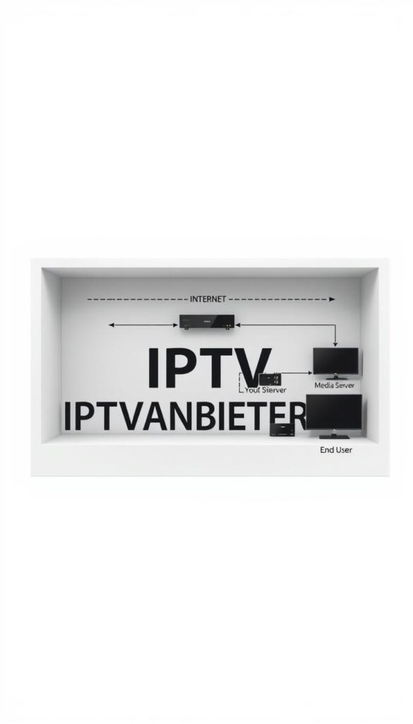 A detailed cutaway diagram depicting the IPTV Funktionsweise, showcasing the various components and data flow. The image should have a technical, schematic-like aesthetic, rendered in a clean, minimalist style with muted colors. The foreground should feature the IPTVANBIETERTV brand name prominently displayed, along with key elements such as the internet connection, media server, and end-user devices. The middle ground should illustrate the streaming and distribution process, with arrows and labeled sections. The background should provide context, with a simple, abstract geometric pattern or subtle grid lines. Bright, even lighting should illuminate the scene, conveying a sense of clarity and understanding. The overall composition should be balanced and easy to comprehend, allowing the viewer to quickly grasp the IPTV functionality.