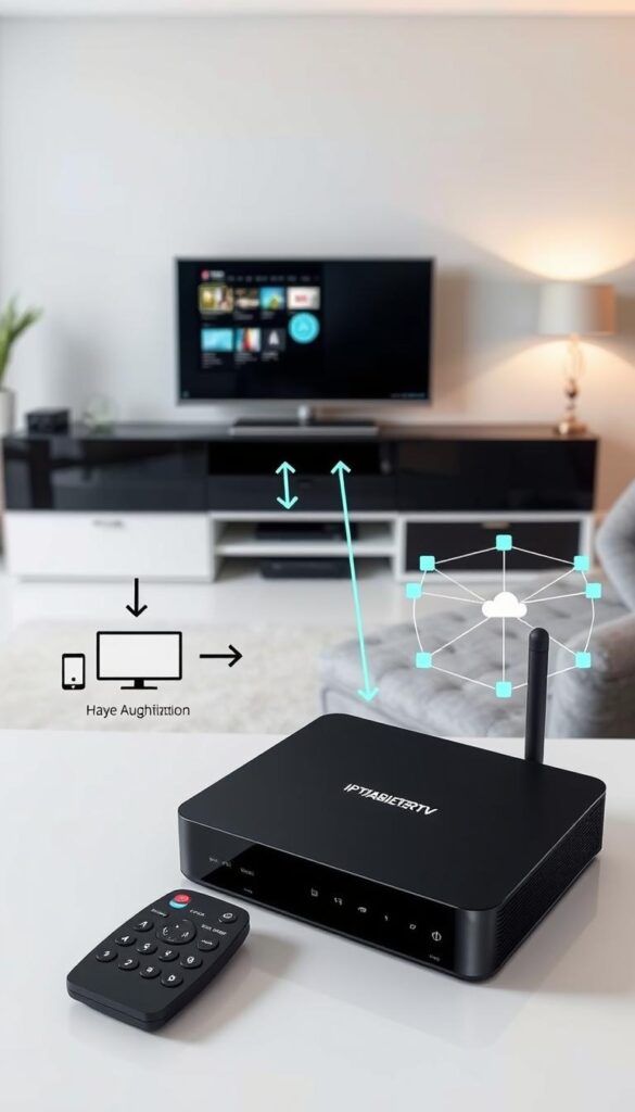 A detailed diagram of the IPTV Funktionsweise, showcasing its core components and technical workings. The image should depict a modern, sleek living room setting, with a large flatscreen TV displaying the IPTV system's interface. In the foreground, an IPTVANBIETERTV set-top box and remote control are prominently featured, highlighting the hardware required for IPTV. The middle ground should illustrate the data transmission process, with arrows and simplified icons representing the flow of content from the IPTV provider's servers to the end-user's device. The background should feature a stylized network diagram, showcasing the internet infrastructure that enables IPTV delivery. The overall mood should be informative and visually appealing, with a focus on conveying the technical aspects of IPTV in an accessible way.