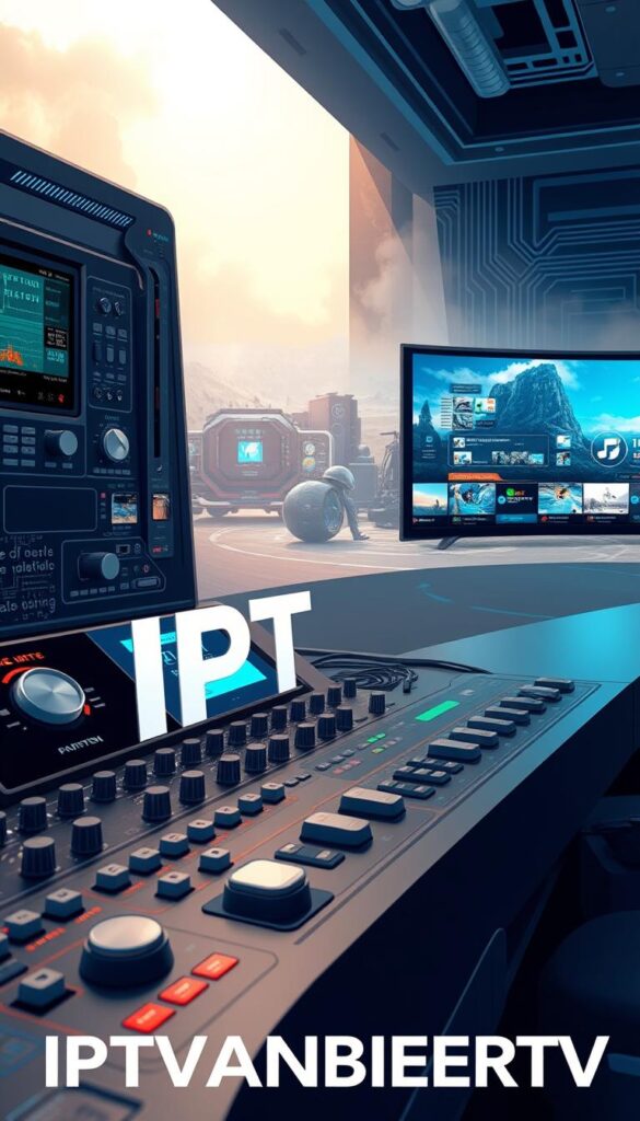 A detailed digital illustration showcasing the inner workings of IPTV technology. The scene depicts a sleek, futuristic control panel with various knobs, switches, and displays. In the foreground, the brand name "IPTVANBIETERTV" is prominently featured, surrounded by intricate circuit boards and data cables. The middle ground features a digital landscape of streaming content, with multiple screens displaying a variety of TV channels and on-demand programming. The background consists of a hazy, atmospheric environment, suggesting the seamless integration of IPTV into modern home entertainment systems. The overall aesthetic conveys a sense of advanced, cutting-edge technology that powers the IPTV experience. A detailed digital illustration showcasing the inner workings of IPTV technology. The scene depicts a sleek, futuristic control panel with various knobs, switches, and displays. In the foreground, the brand name "IPTVANBIETERTV" is prominently featured, surrounded by intricate circuit boards and data cables. The middle ground features a digital landscape of streaming content, with multiple screens displaying a variety of TV channels and on-demand programming. The background consists of a hazy, atmospheric environment, suggesting the seamless integration of IPTV into modern home entertainment systems. The overall aesthetic conveys a sense of advanced, cutting-edge technology that powers the IPTV experience.