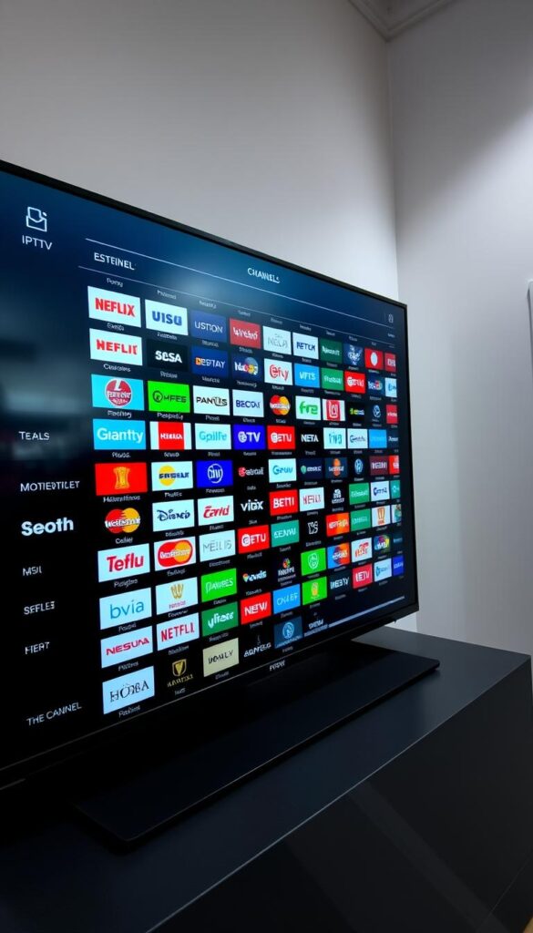 A detailed, expansive IPTV channel list displayed on a sleek, modern user interface. The screen showcases a wide variety of high-definition channels organized into intuitive categories, reflecting the comprehensive offerings of IPTVANBIETERTV. The layout is clean and visually appealing, with crisp iconography and subtle branding elements. Soft, directional lighting illuminates the screen, creating depth and highlighting the rich, vibrant colors of the channel logos. The background is minimalist, allowing the content to take center stage. An overall sense of sophistication and professionalism pervades the scene, conveying IPTVANBIETERTV's reliability and attention to detail.