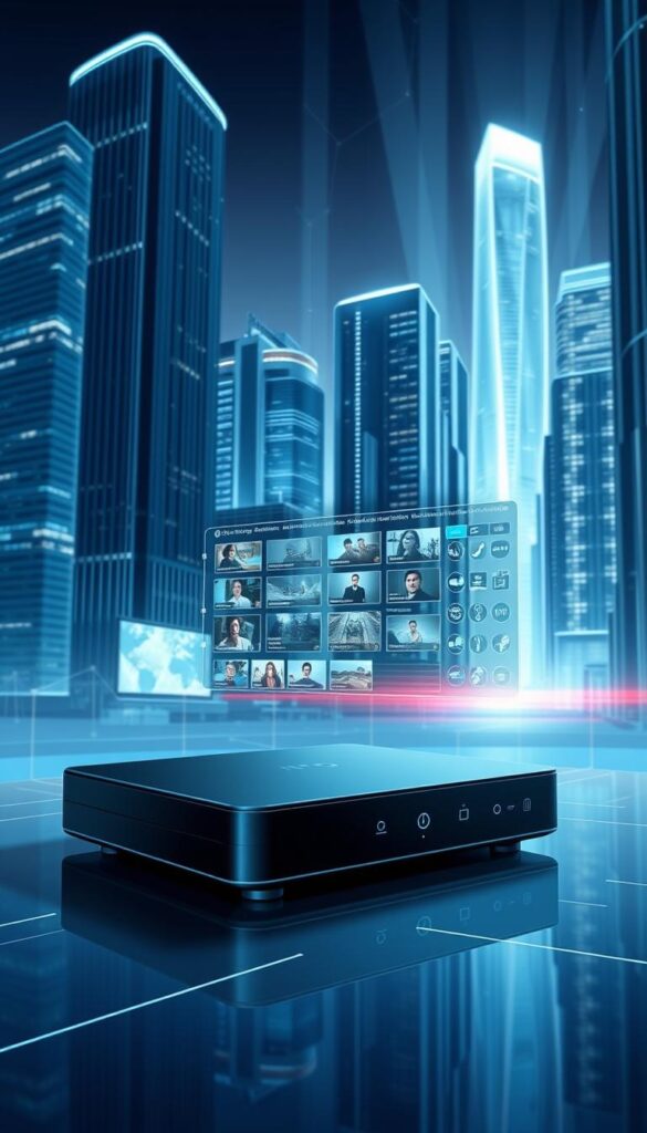 A detailed, futuristic illustration of IPTV technology. In the foreground, a sleek, high-tech IPTVANBIETERTV set-top box with clean lines and a minimalist design. In the middle ground, a virtual interface displaying various IPTV channels and content, rendered with a crisp, digital aesthetic. In the background, a cityscape of towering, ultramodern skyscrapers, with beams of light streaming through the windows, creating a sense of advanced, interconnected technology. The scene is bathed in a cool, blue-hued lighting, conveying a sense of futuristic sophistication and innovation.