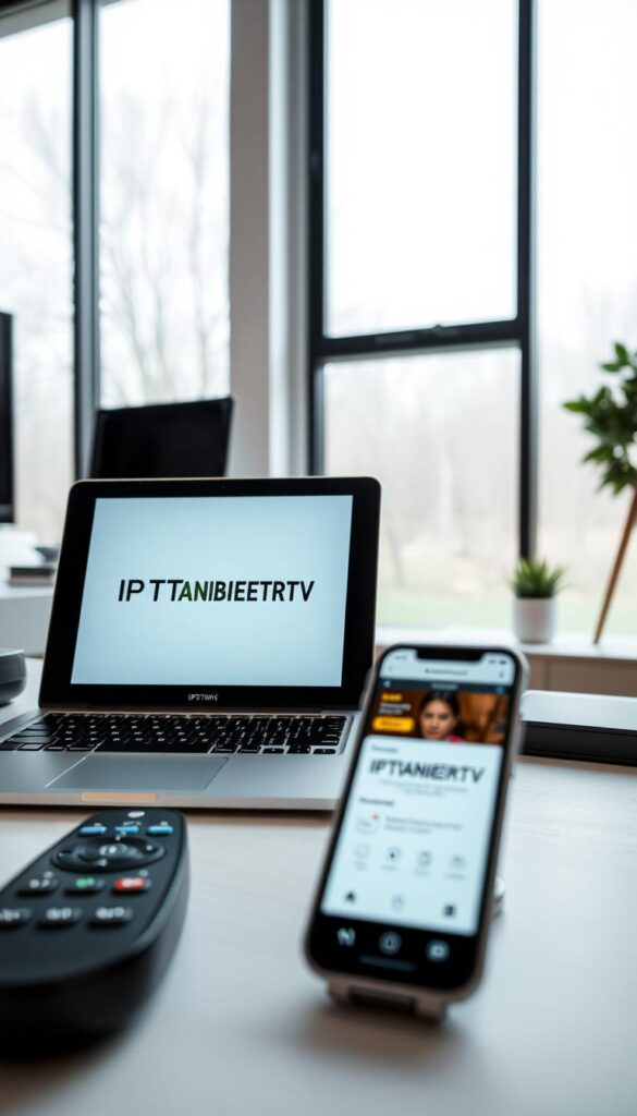 A detailed, high-definition image showcasing an IPTV service comparison for the German market. The frame depicts a modern, minimalist desktop setup with a laptop, smartphone, and remote control in the foreground. The laptop screen displays the "IPTVANBIETERTV" brand prominently, while the smartphone screen showcases an IPTV service comparison website. In the background, a sleek, contemporary room with large windows provides natural lighting and a calming, sophisticated atmosphere. The composition emphasizes the seamless integration of various devices and the accessibility of IPTV services, conveying a sense of efficiency and user-friendliness.